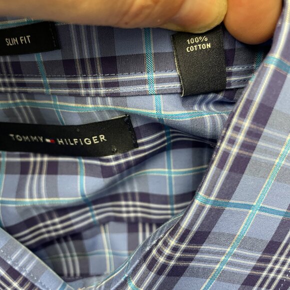 Men's TOMMY HILFIGER Slim Fit Blue Plaid Button-down Dress Shirt-‎ Size L - Picture 4 of 10